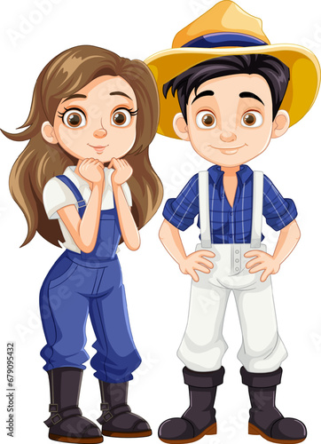 A Young Farmer Couple in Vector Cartoon Style