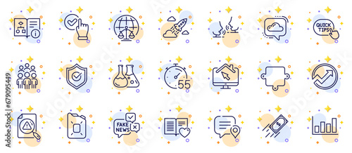 Outline set of Report diagram, Startup rocket and Love book line icons for web app. Include Technical algorithm, Approved shield, Fast payment pictogram icons. Cloud communication. Vector