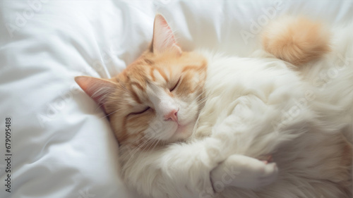 Cute ginger cat sleeping on the white bed. Fluffy pet