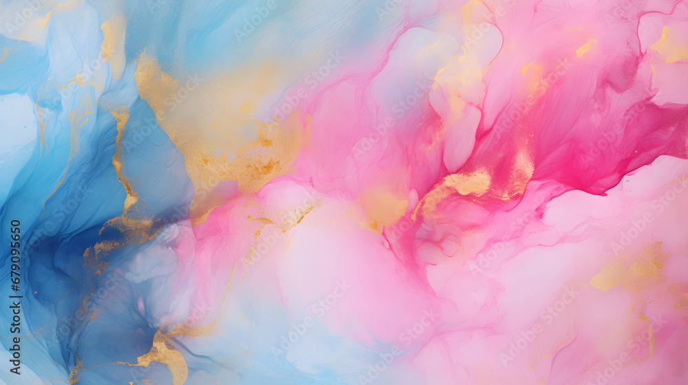 watercolor paint background pink blue color and golden texture marble. Generative AI.