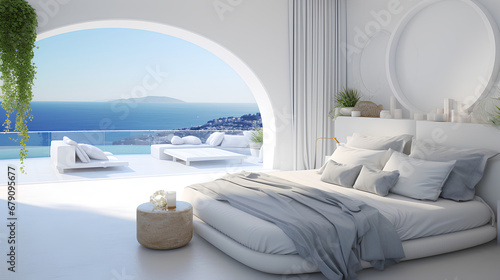 bedroom with white steps, beautiful views of the ocean, in the style of Olympus, Mediterranean
