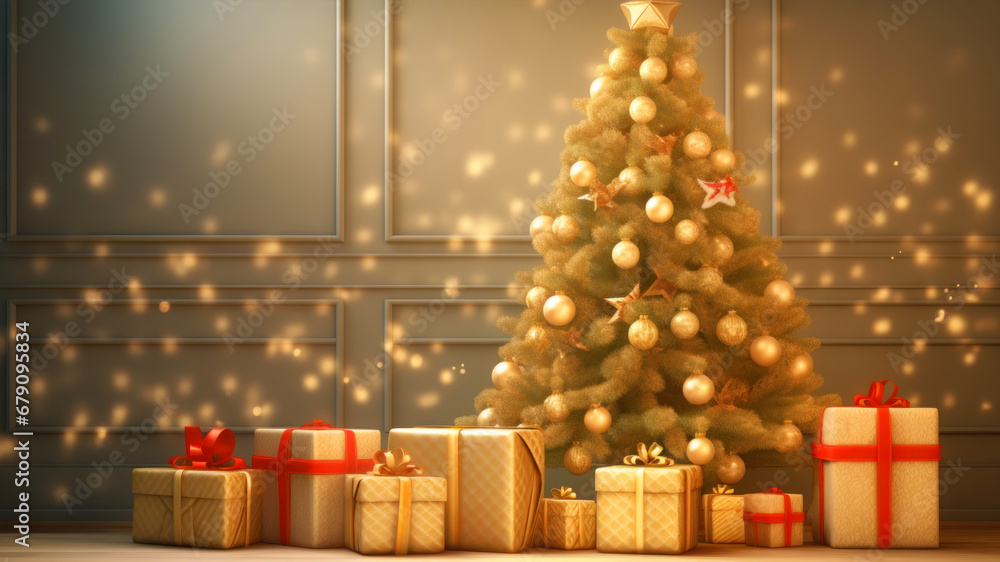 Christmas tree with gifts in front of a wall. 3d rendering