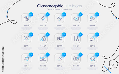 Set of Engineering documentation, Fake news and Phone protect line icons for web app. Eye detect, Electric plug, Antistatic icons. Recycle, Fast delivery, Power info signs. Vector