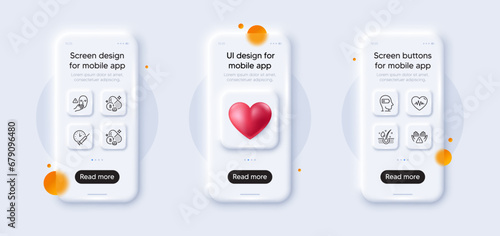 Vaccination schedule, Thiamine vitamin and Clean hands line icons pack. 3d phone mockups with heart. Glass smartphone screen. Biotin vitamin, Heartbeat, Dont touch web icon. Vector