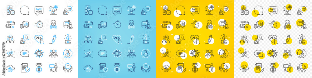 Vector icons set of Startup concept, Phone app and Safe time line icons pack for web with Team work, Fake news, Inclusion outline icon. Chat, Genders, Timer pictogram. Inspect, Plan. Vector