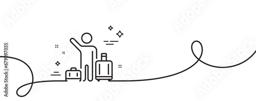Baggage reclaim line icon. Continuous one line with curl. Airport transfer sign. Flight bags symbol. Airport transfer single outline ribbon. Loop curve pattern. Vector