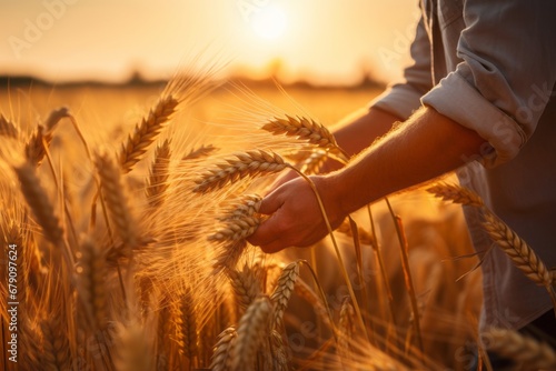 A man gently picks up ripe ears on a wheat field in the sunset rays.