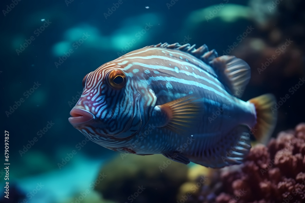 Fototapeta premium A beautiful blue fish swims at the bottom of the sea.