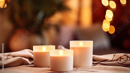INTERIOR candles. Lighted candles on the table, decor, aroma candles, aromatherapy. Festival of Lights