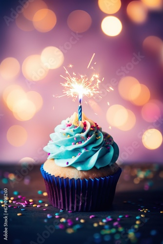 One close up cupcake with one candle on light up blurry background.