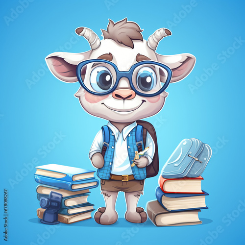 Cute goat animal student character with school supplies © khan