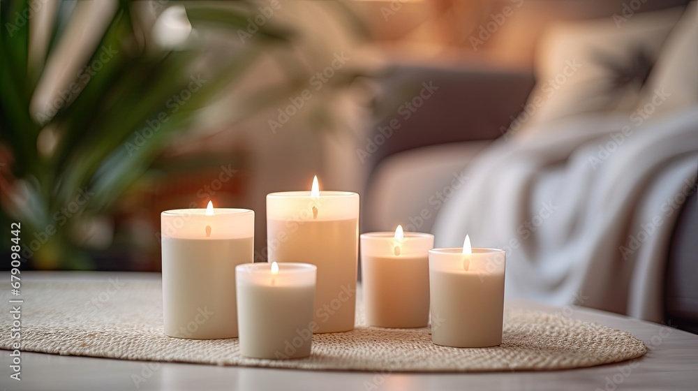 Lighted candles on the table, decor, aroma candles, aromatherapy. Festival of Lights. bedroom interior background Lighted candles on the table, decor, aroma candles, aromatherapy. Festival of Lights. bedroom interior background