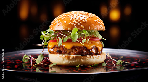 a mouth-watering beautifully arranged vegan burger, with mayo and chili sauce, exuding tempting allure