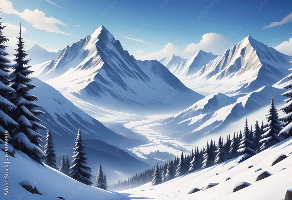 Picturesque winter landscape of snow-capped mountains and trees