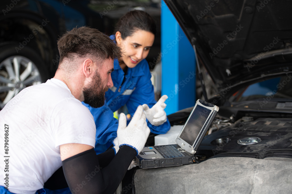 Professional auto mechanic man and woman working together in auto repair shop. Professional auto mechanic man and woman working together in auto repair shop.