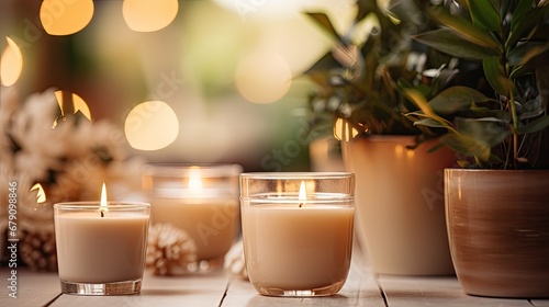 INTERIOR Candles in a glass candle holder.Lighted candles on the table, decor, aroma candles.Lights on bokeh background. photo