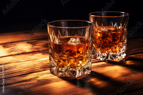 Glass with whiskey on wooden table and dark background. Copy space.