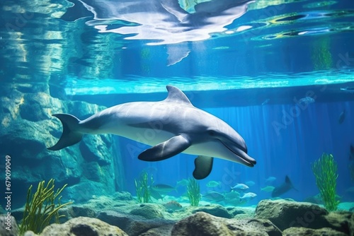 large aquarium tank hosting a playful dolphin
