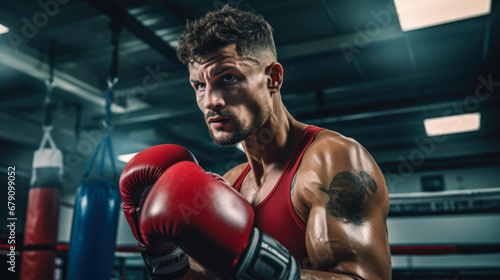 Beginner boxer focused on a rigorous workout in the boxing club