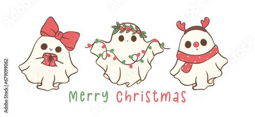 Fototapeta Naklejka Na Ścianę i Meble -  Group of Cute and Kawaii Christmas Ghosts. Festive greeting card banner, Holiday Cartoon Hand Drawing with adorable pose.