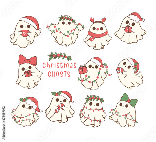 Cute and Kawaii Christmas Ghosts set. Festive Holiday Cartoon Hand Drawing with adorable pose.