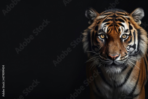 Front view of tiger on dark gray background. Wild animals banner with copy space