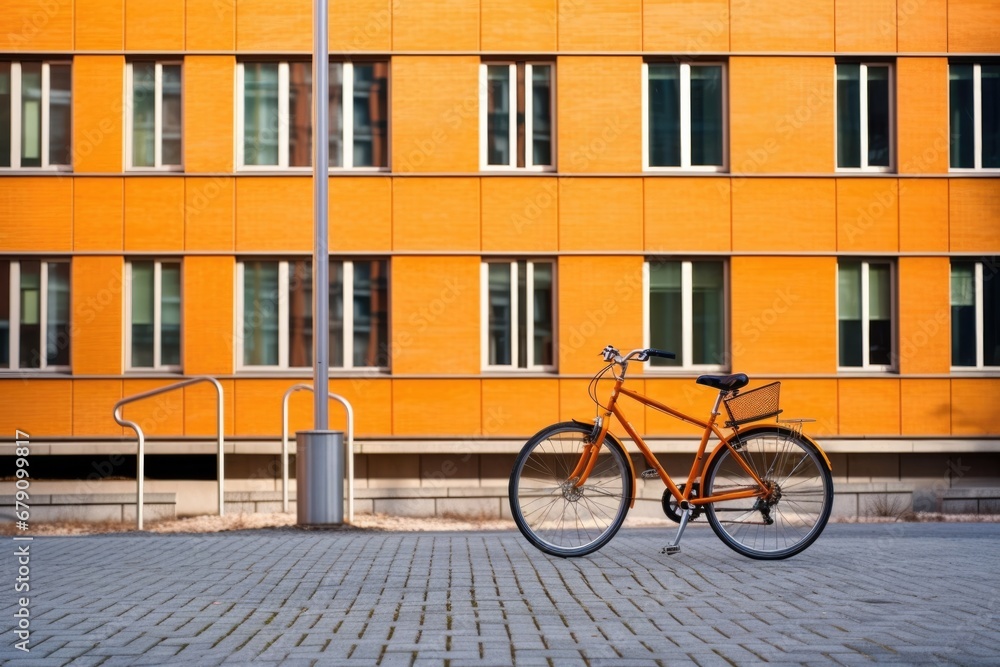 a single shared bicycle parked against a city building