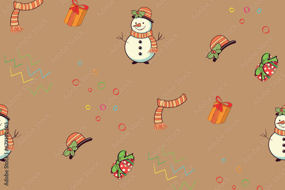estive New Year's Christmas seamless pattern with snowman, hat, scarf, gift boxes. vector illustration