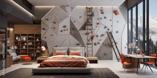 Climbing wall in a stylish and modern teenager's room with a huge window and a comfortable bed photo