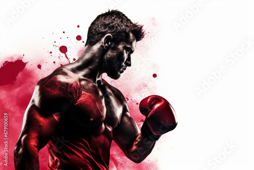 silhouette of boxer in red gloves boxing on isolated white background with red splashes © zamuruev
