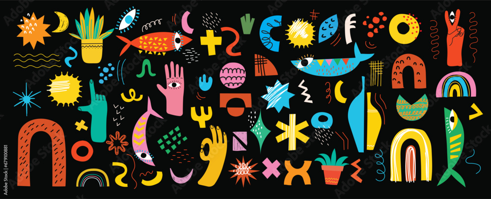 Set of abstract retro geometric doodle shapes vector. Collection of contemporary figure, sparkle, hands, shapes, flower in 70s groovy style, design elements perfect for banner, print, stickers. Set of abstract retro geometric doodle shapes vector. Collection of contemporary figure, sparkle, hands, shapes, flower in 70s groovy style, design elements perfect for banner, print, stickers.