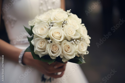 Wedding bouquet with white roses in the bride's hands