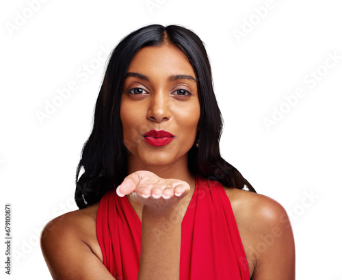 Woman, red lipstick and beauty, blow kiss with makeup and cosmetics isolated on a transparent PNG background. Portrait of Indian female person or model with pout, color or shine for valentines day