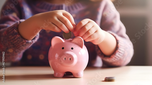 A child learns to save with his pink piggy bank,A prosperous future begins with small savings, Saving for a dream photo
