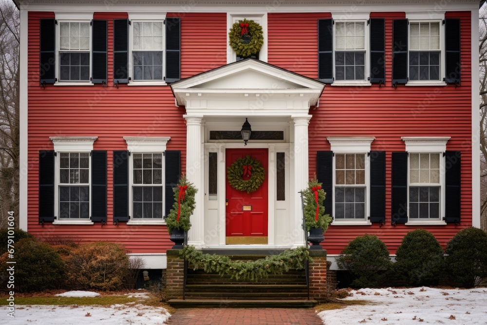 colonial home with a red front door and festive wreath