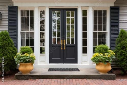 central front door of a colonial house with symmetrical windows photo