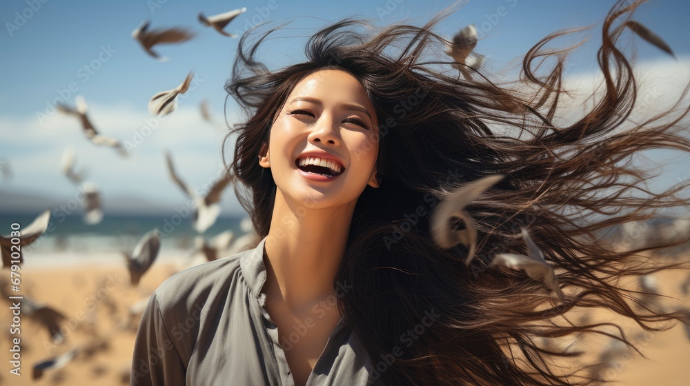 Carefree Asian Girl Laughing Dancing Park, HD, Background Wallpaper, Desktop Wallpaper