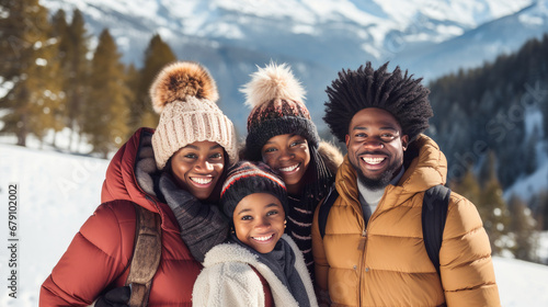 Happy, smiling, African American family against the backdrop of snow-capped mountains at a ski resort, during vacation and winter break. photo