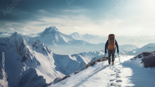 Traveler in the snow-capped mountains