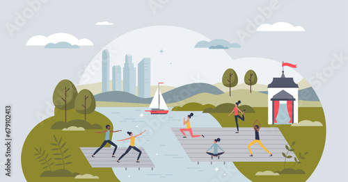 Wellness and mindfulness trend for mind and body balance tiny person concept. Relaxation and mental peace with yoga, meditation or physical activities vector illustration. Tranquil retreat exercises.