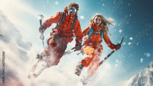 Happy  laughing young people in love skiing on snowy mountains at a ski resort  during vacation and winter holidays  bottom view.