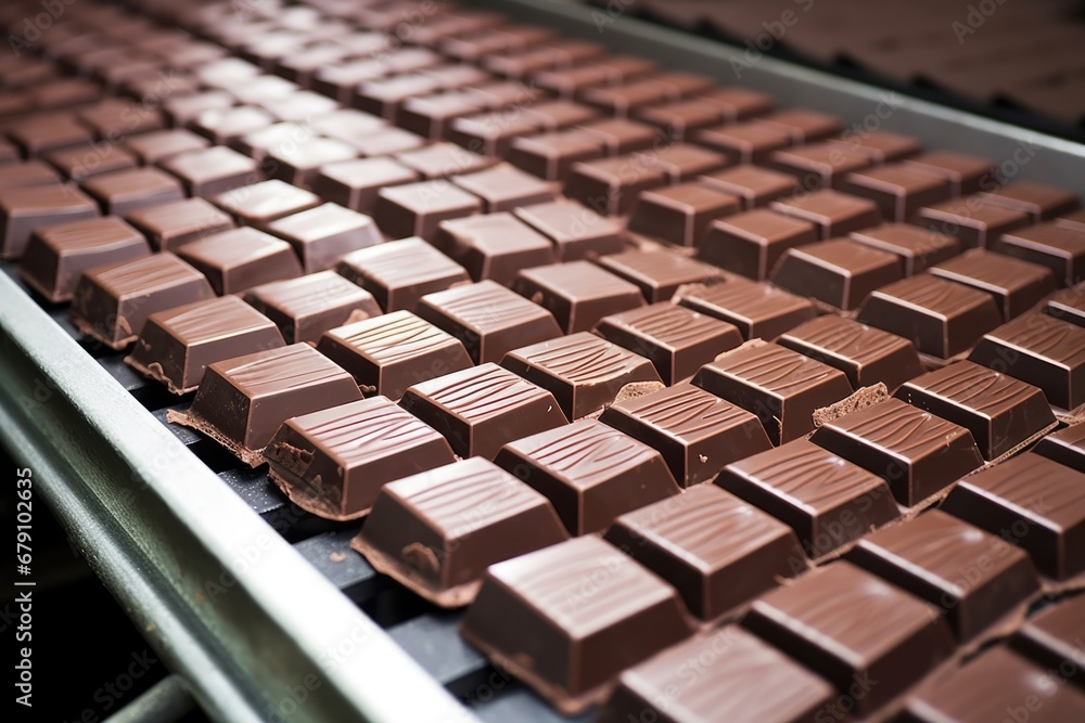 rows of dark chocolate bars on a conveyor belt