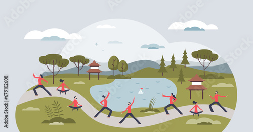 Peaceful wellness escape group for relaxation in nature tiny person concept. Yoga and meditation retreat for mental health balance, calm holistic transformation and digital detox vector illustration.