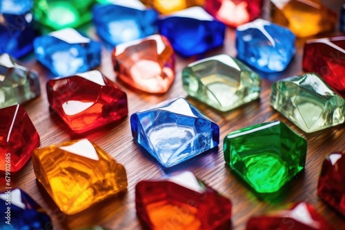high-angle view of colored glass pieces on a table
