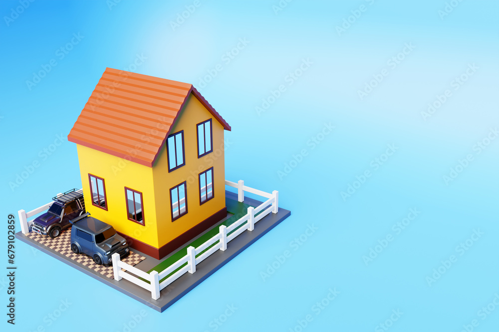 Architecture 3d rendering illustration of modern minimal hous on blue background Architecture 3d rendering illustration of modern minimal hous on blue background