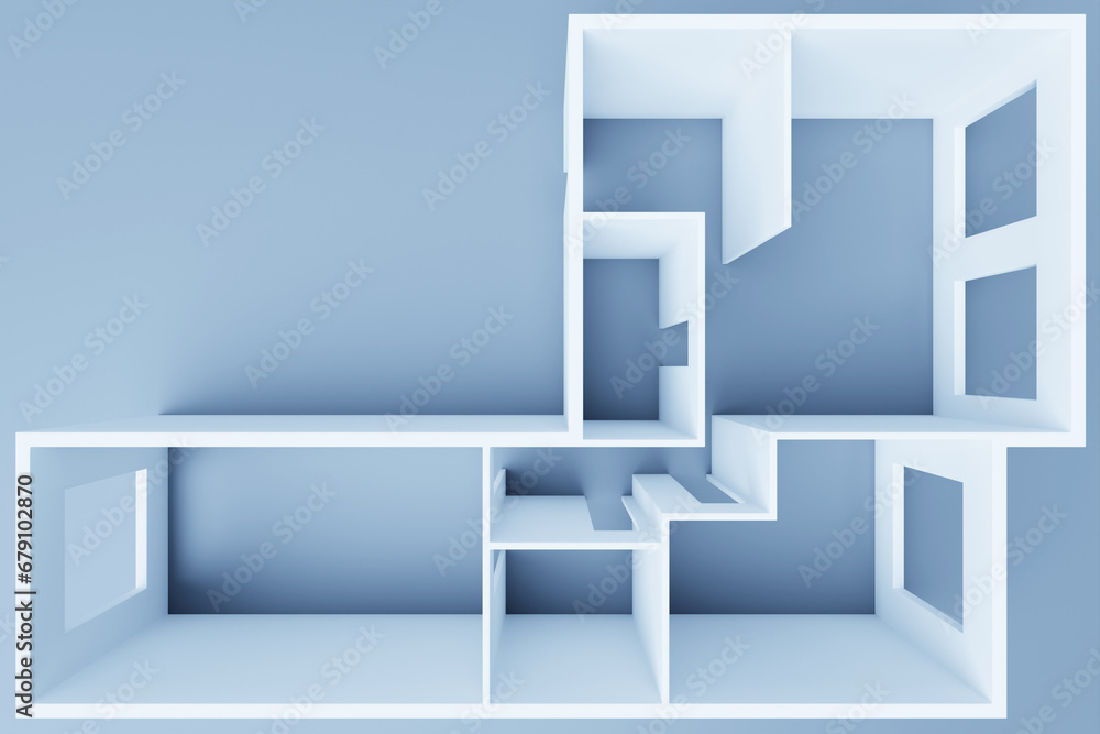 3D rendering. Model of a three-room apartment. Empty apartment without furniture, plumbing and decoration.