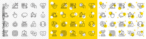 Outline Timer, Qr code and Time line icons pack for web with Bitcoin pay, Gear, Scroll down line icon. Cpu processor, Organic product, Talk bubble pictogram icon. Smile chat, Cursor, Smile. Vector