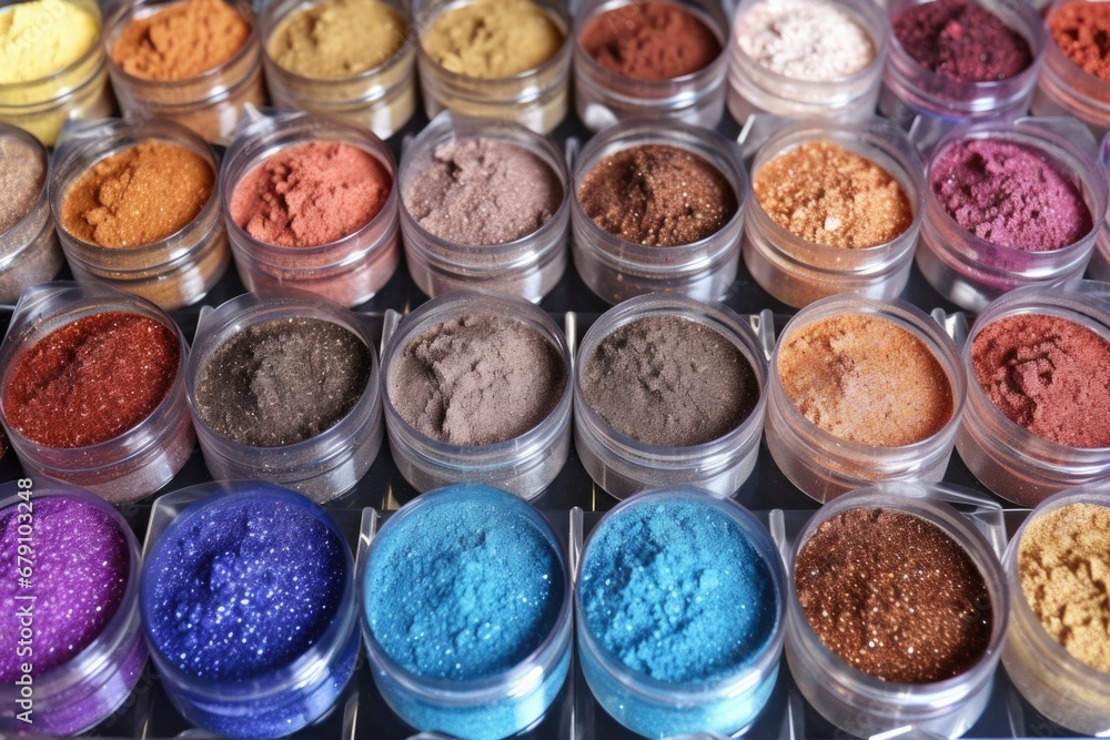 view of eyeshadow pigments in containers ready to be mixed view of eyeshadow pigments in containers ready to be mixed