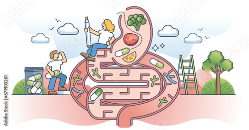 Microbiome health or gastrointestinal gut and colon care outline concept. Medical awareness and bowel microorganisms or digestive system bacillus balance vector illustration. Stomach pills or drugs.