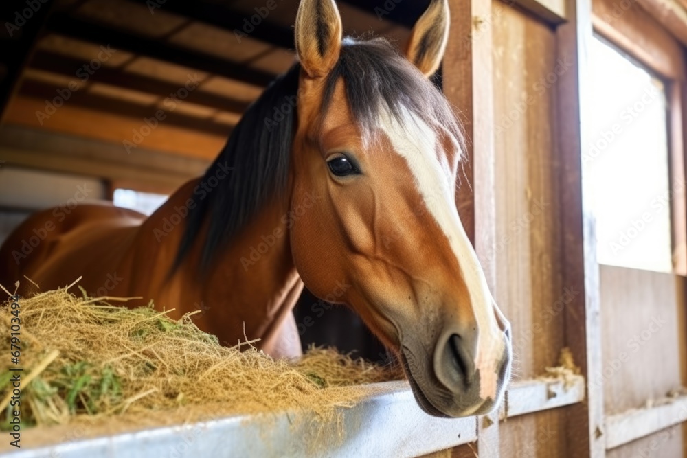Fototapeta premium a horse eating hay from a feeder in a stall